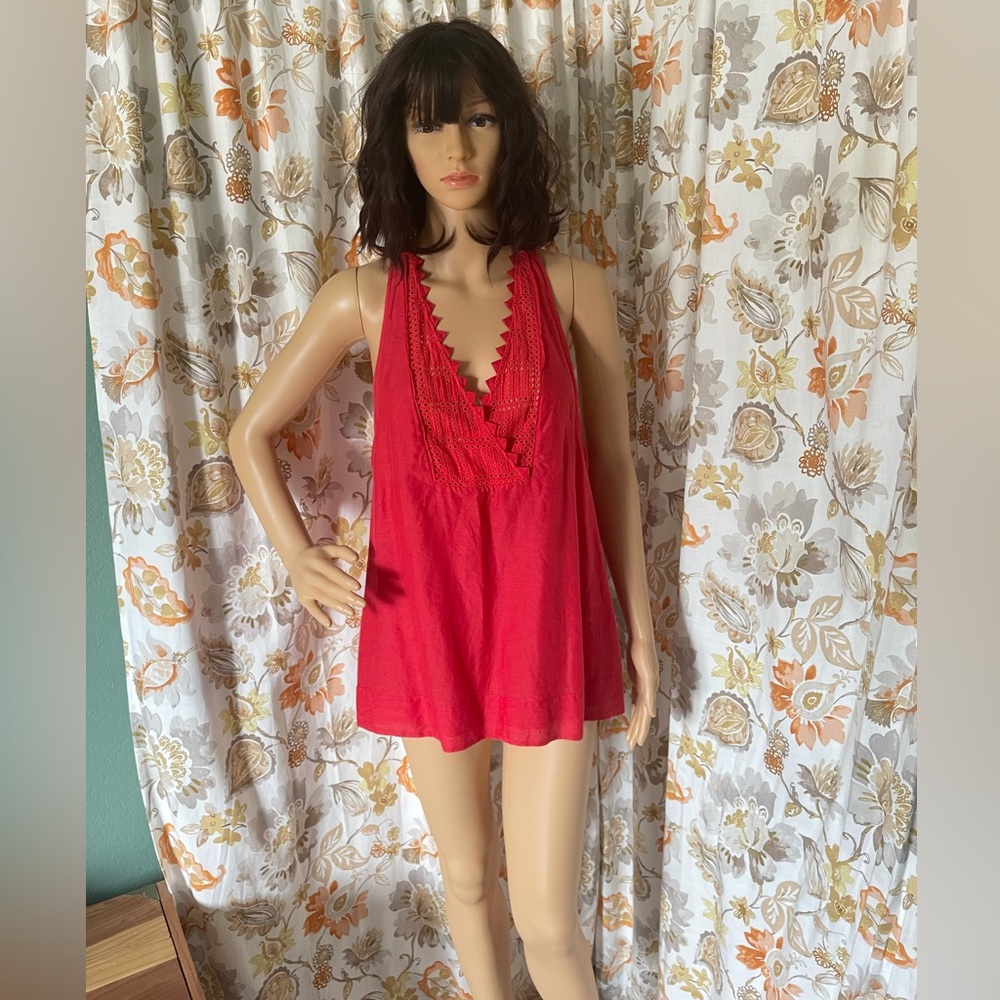 BCBG Maxazria Cotton/Silk Top Red L Tunic Double Layer